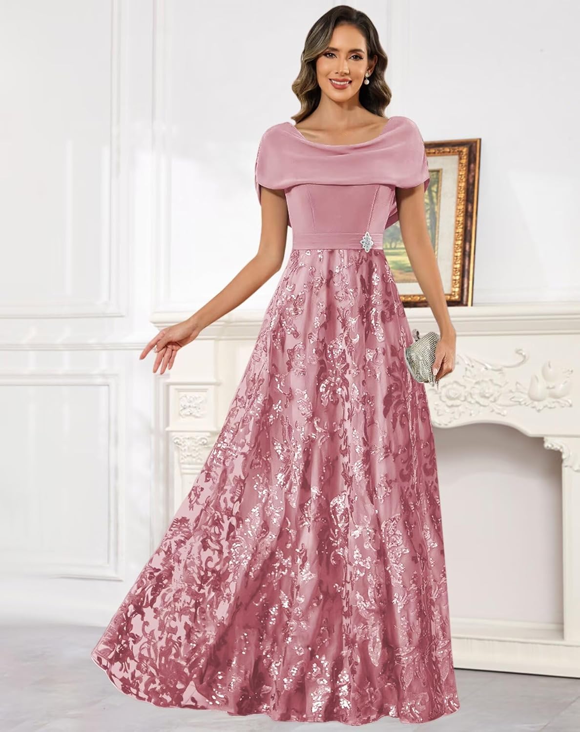 VCCICANY Cape Sleeves Mother of The Bride Dresses for Women Chiffon Sequin Lace Beaded Long Evening Formal Gowns - Image 5