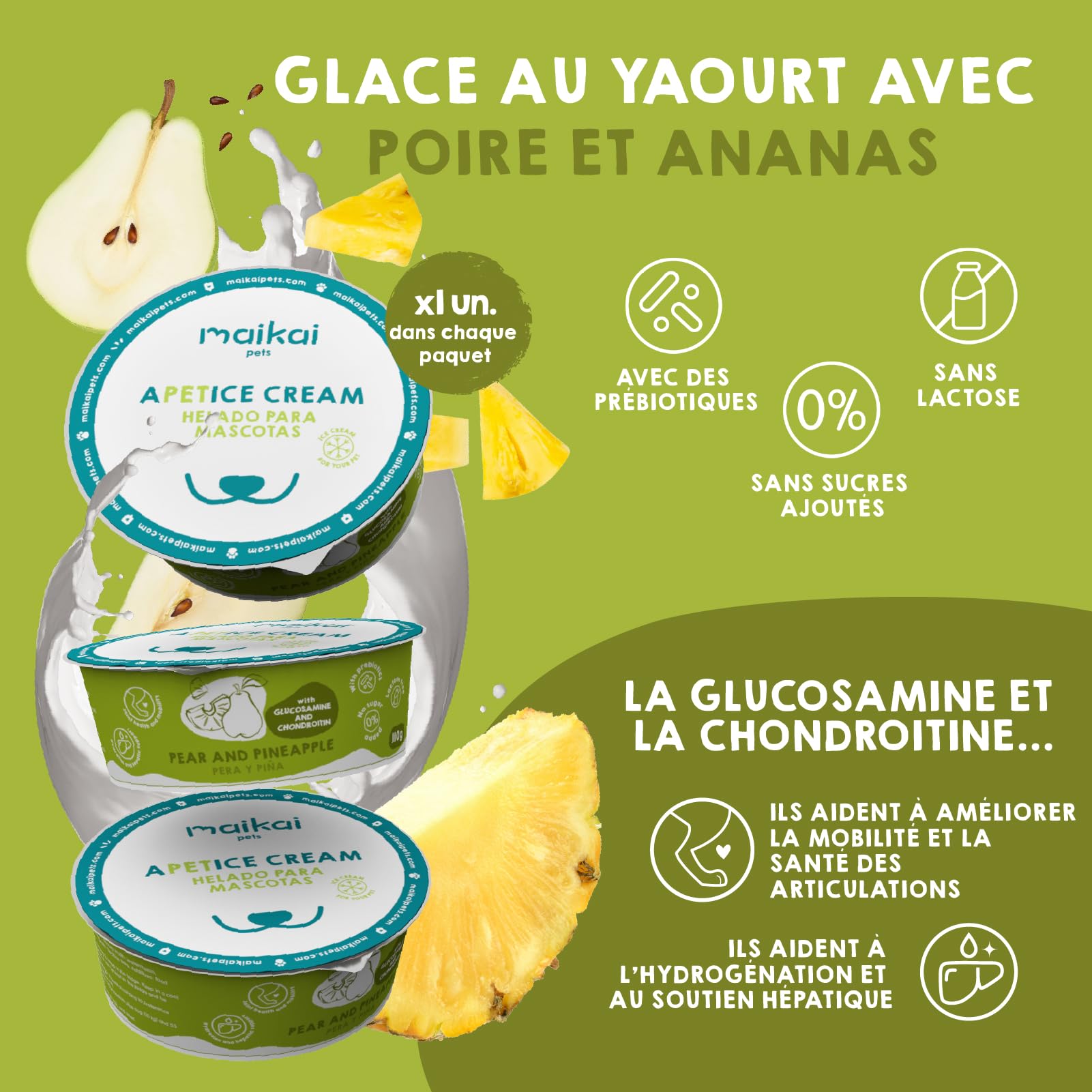 MAIKAI Lot 4 Glaces Rafraîchissantes pour Chiens et Chats – Collagène & Inuline – Friandise sans Lactose Hydratante – Idéale pour Tapis de Léchage – Soutien Articulaire et Digestif