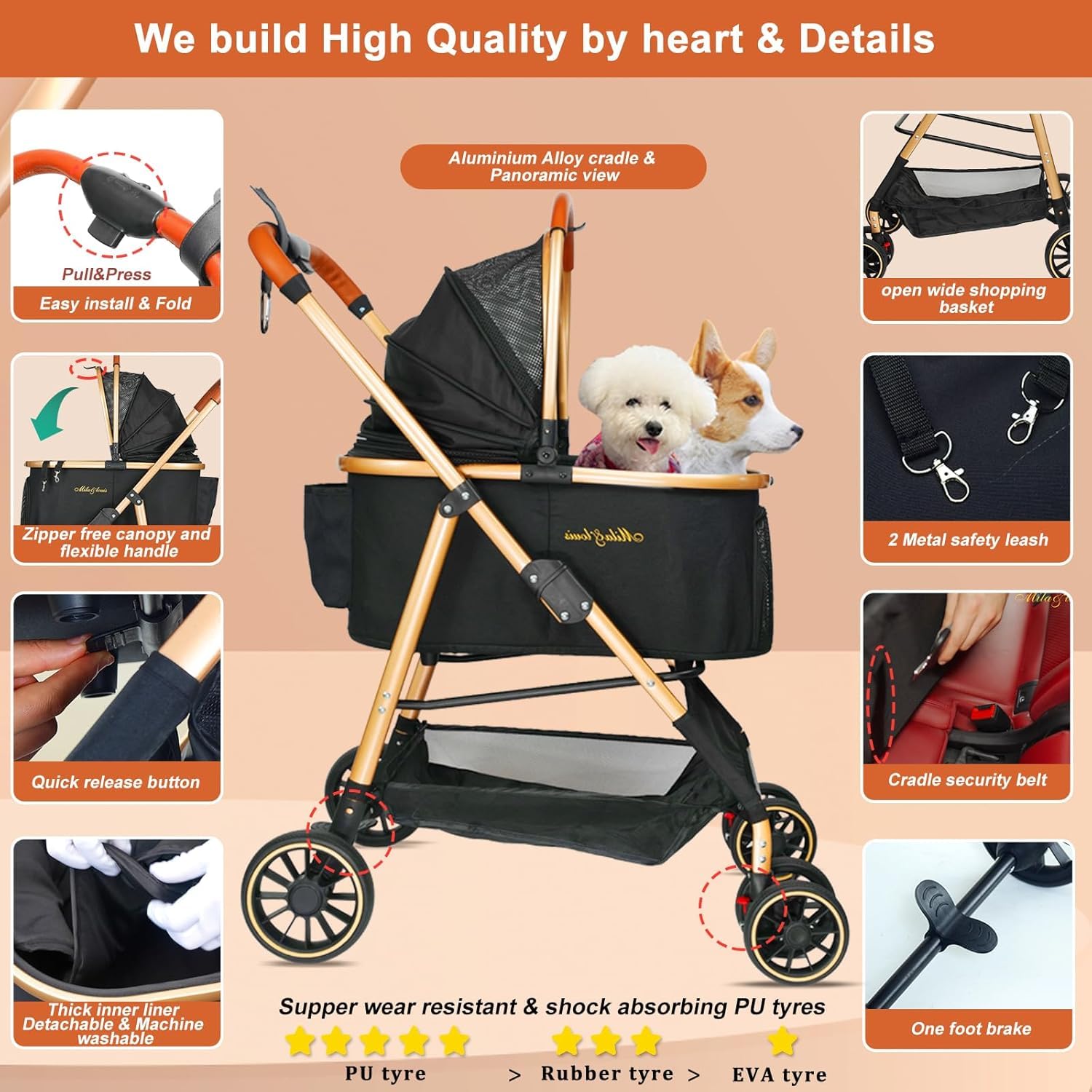 MILA&LOUIS Cat Stroller, 24" Pet Cradle, Lightweight & Stylish Dog and Pet Stroller for Medium and Small Pets, 55 Lbs Capacity with Cup Holder, Hook, Detachable Aluminum Cradle (Black)