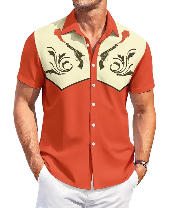 DADDYLOCO Men's Hawaiian Shirt, Western Cowboy Skull Print with Revolver Graphics, Short Sleeve Button Down, Orange and Beige, Polyester, Regular Fit by DADDYLOCO - Used condition - Image 2