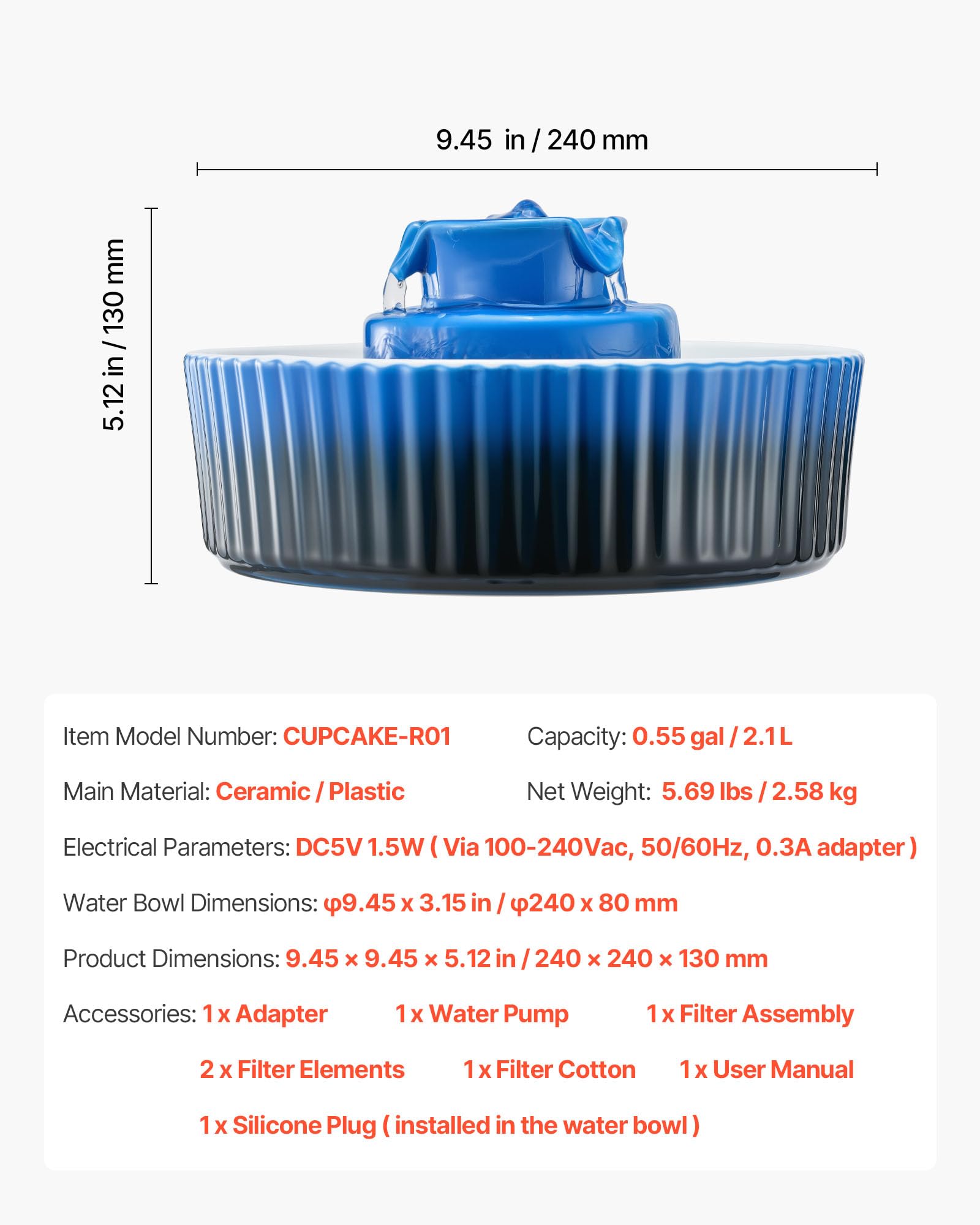 VEVOR Fontanella per Gatti in Ceramica da 2,1 L Fontana per Animali Domestici con Pompa Ultra Silenziosa, Area di Abbeveramento a 360° e Sistema di Filtraggio Multistrato, per Gatti e Cani, Blu