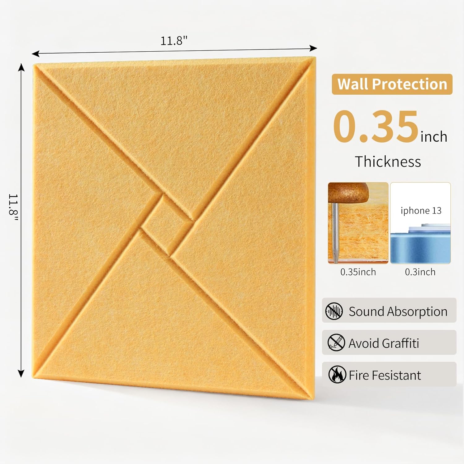 Large Bulletin Felt Board – 36" x 24" Wall Tiles with 50 Wooden Push Pins for Office, Home, Notes, Photos & DIY Classroom Décor(12PCS,Yellow)