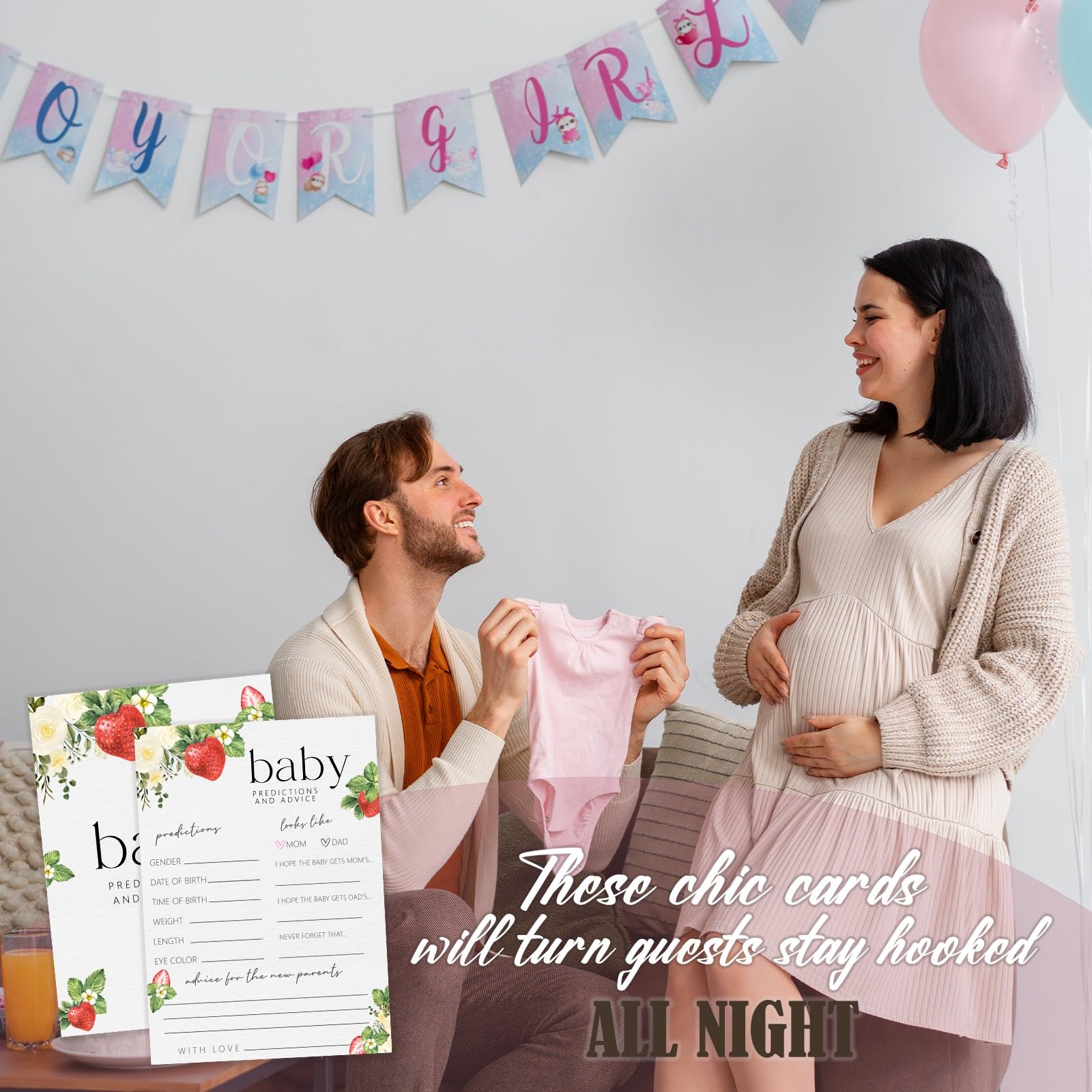 Zabawne gry na baby shower, przewidywania i porady dla dzieci, jagodowe słodkie dekoracje imprezowe upominki pomysły -30 szt., 12,7 x 17,8 cm - H05