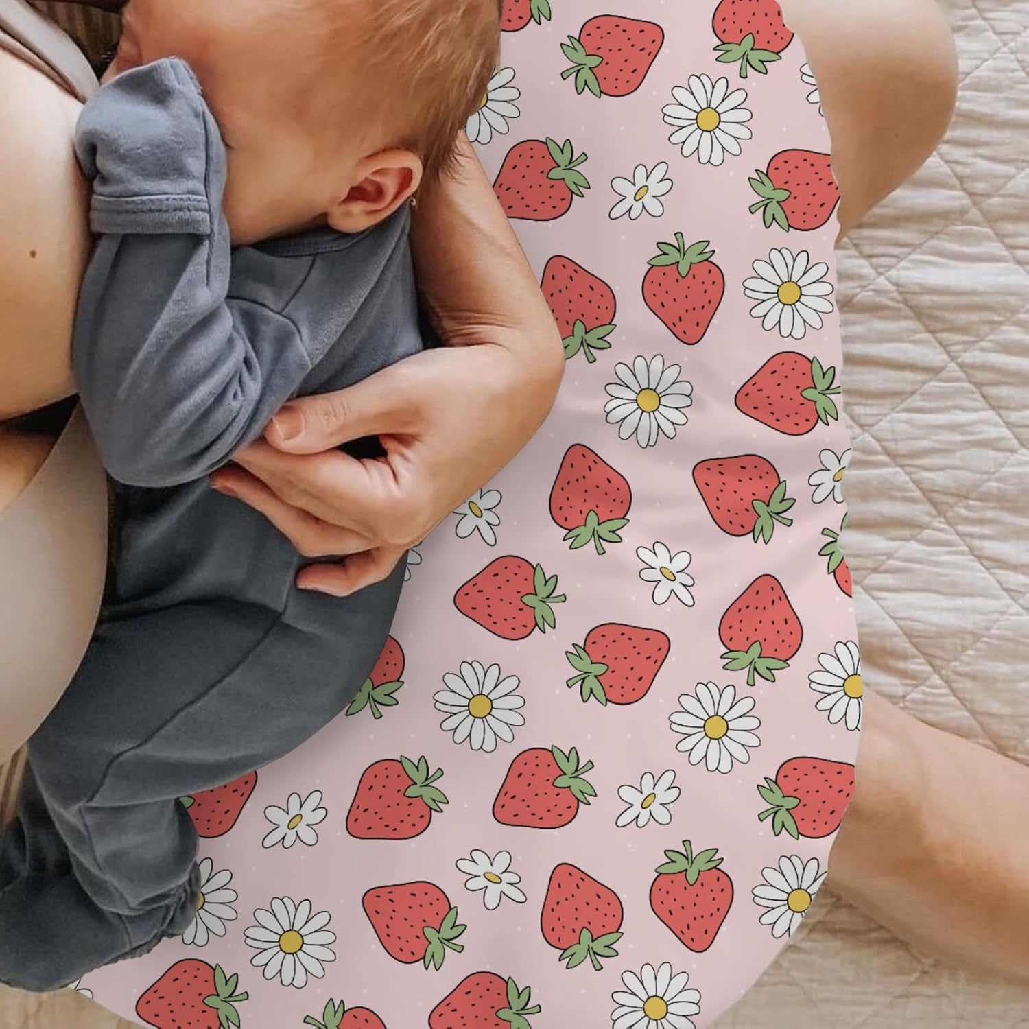 Cute Strawberry Daisy Nursing Pillow Covers Red Strawberries Floral Soft Stretchy Removable Covers for Breastfeeding Pillows Boho Summer Fruits Pillow Slipcover for Baby Girls Boys Newborn Nursery