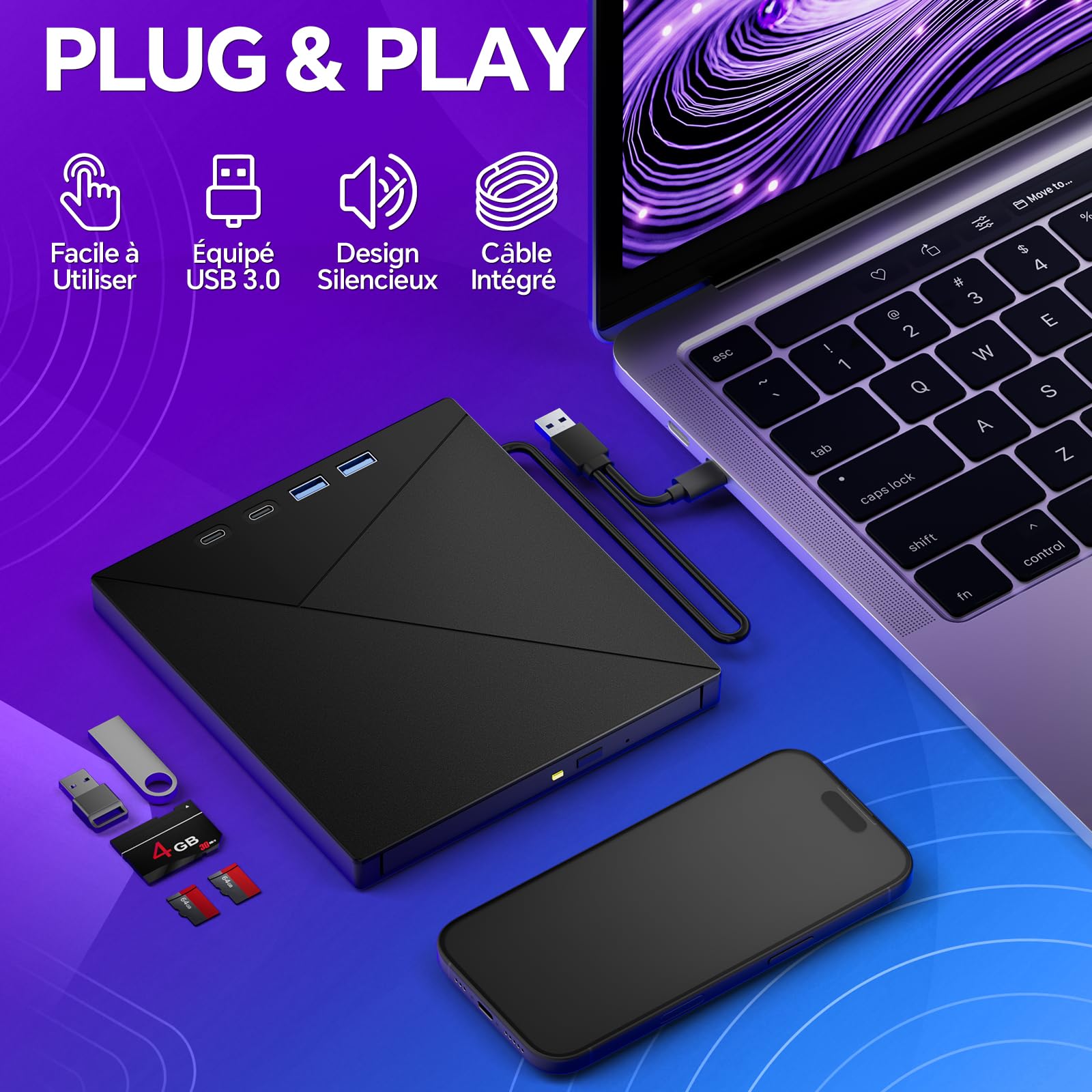 Lecteur CD/DVD Externe pour PC, USB 3.0 Mince Portable Graveur Enregistreur et Type-C CD DVD +/-RW, avec Lecteur de Cartes SD TF, Compatible avec Windows 11/10/8/7,Linux, Mac et PC | Interface USB 3.0 et Type-C et lecteur de carte SD/TF et Hub USB Compati