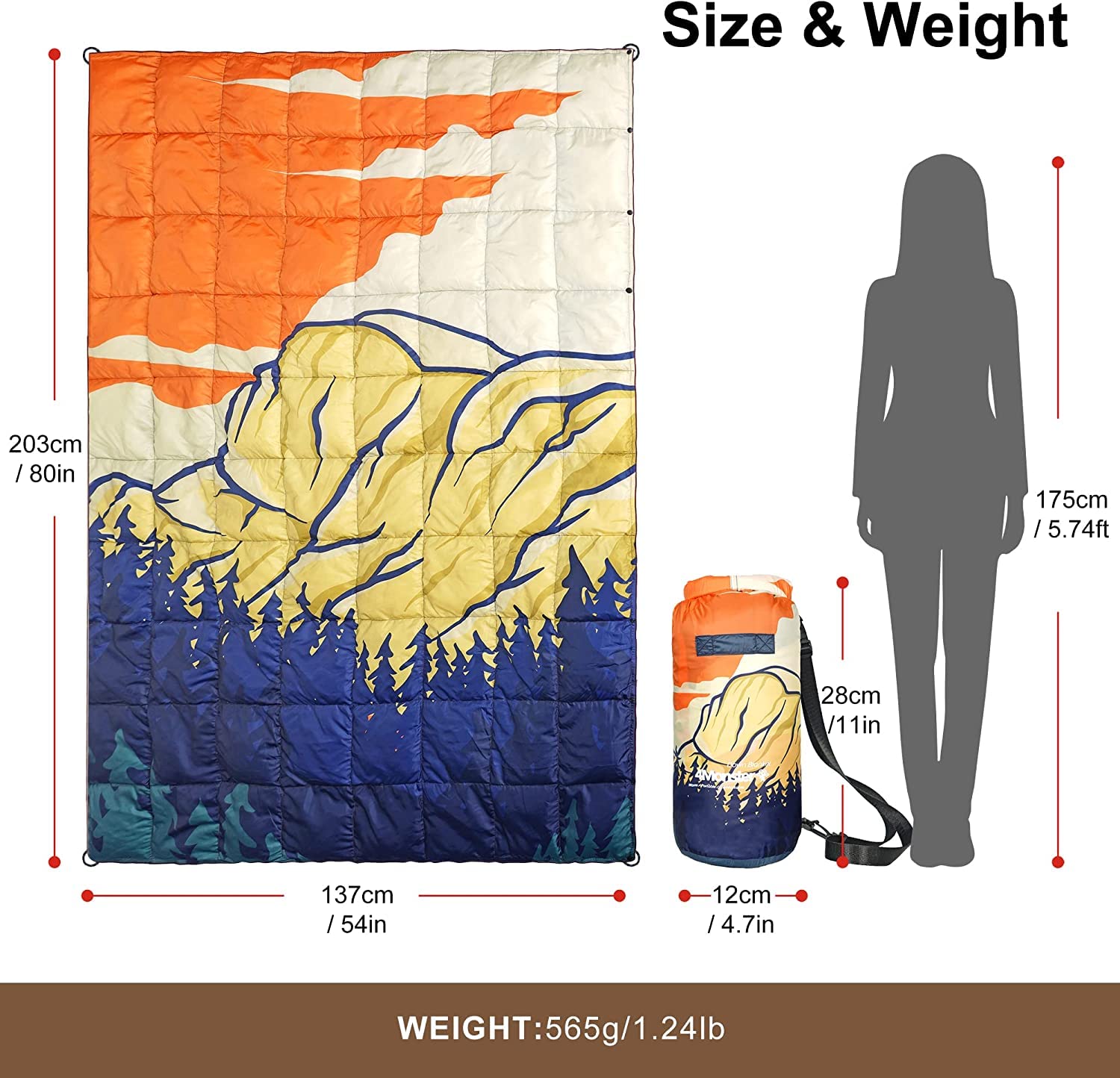 4Monster Daunendecke, leicht, kompakt, Outdoor-Campingdecke, super warm, wasserdicht, verstaubare Decke für Reisen, Picknicks, Camping, Wandern (PrintB, M: 137 x 203 cm)