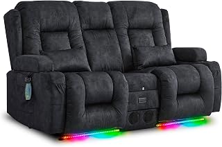 URRED Loveseat Recliner Sofa with Massage and Heat, Power Reclining Loveseat Sofa RV Couch with Console, Home Theater Seating with LED Lights, Bluetooth Speakers, USB, Outlets, Velvet, Dark Grey