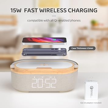Bluetooth Speaker Alarm Clock & Wireless Charger for Bedside, Home, Office