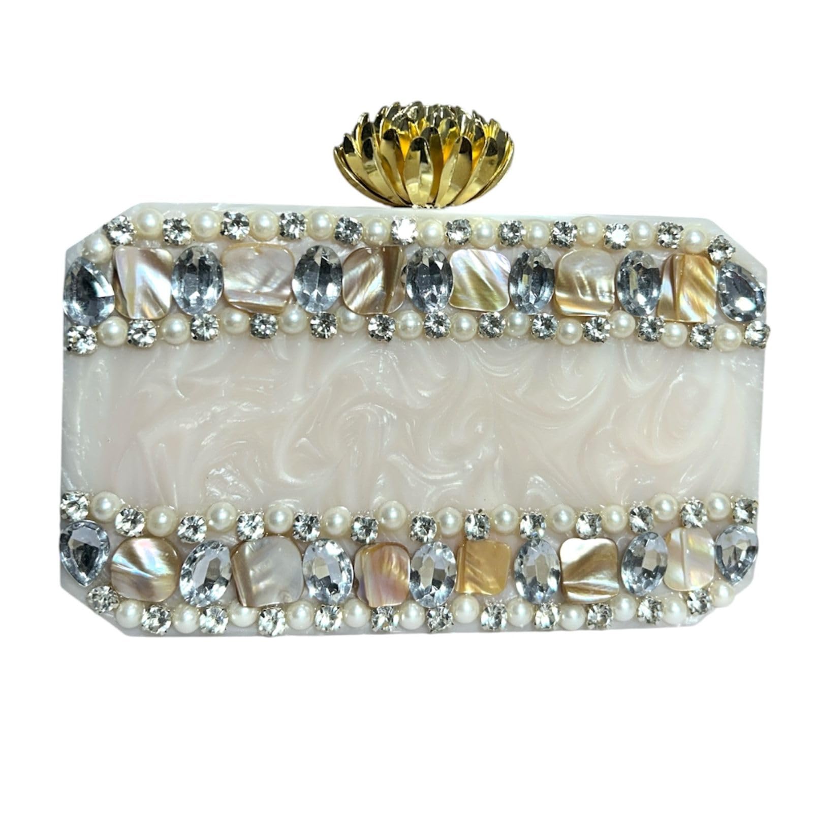 resin clutch bag with crystal stone detailing and elegant golden lotus knob. Lightweight stylish, and perfect for weddings, parties, nikah, festive occasions, and gifting-image-48