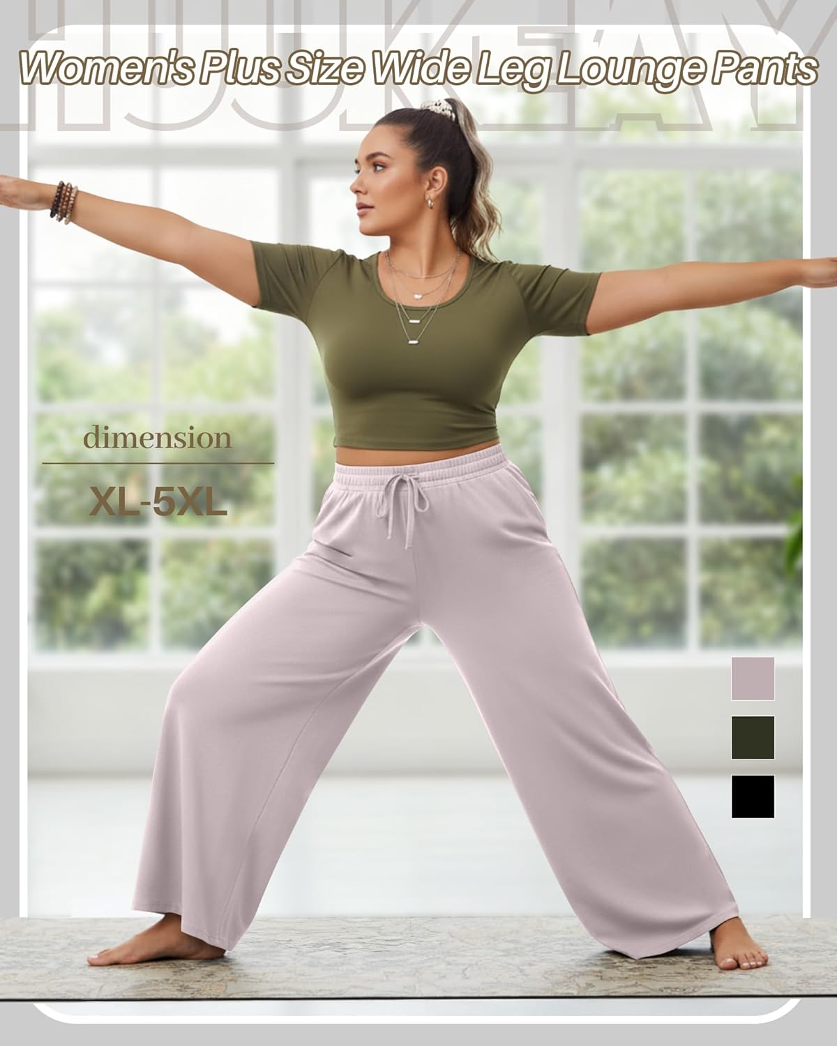 Huukeay 3 Pack Women's Plus Size Wide Leg Lounge Pants, Drawstring Baggy Yoga Pants Casual Loose Sweatpants - Image 2