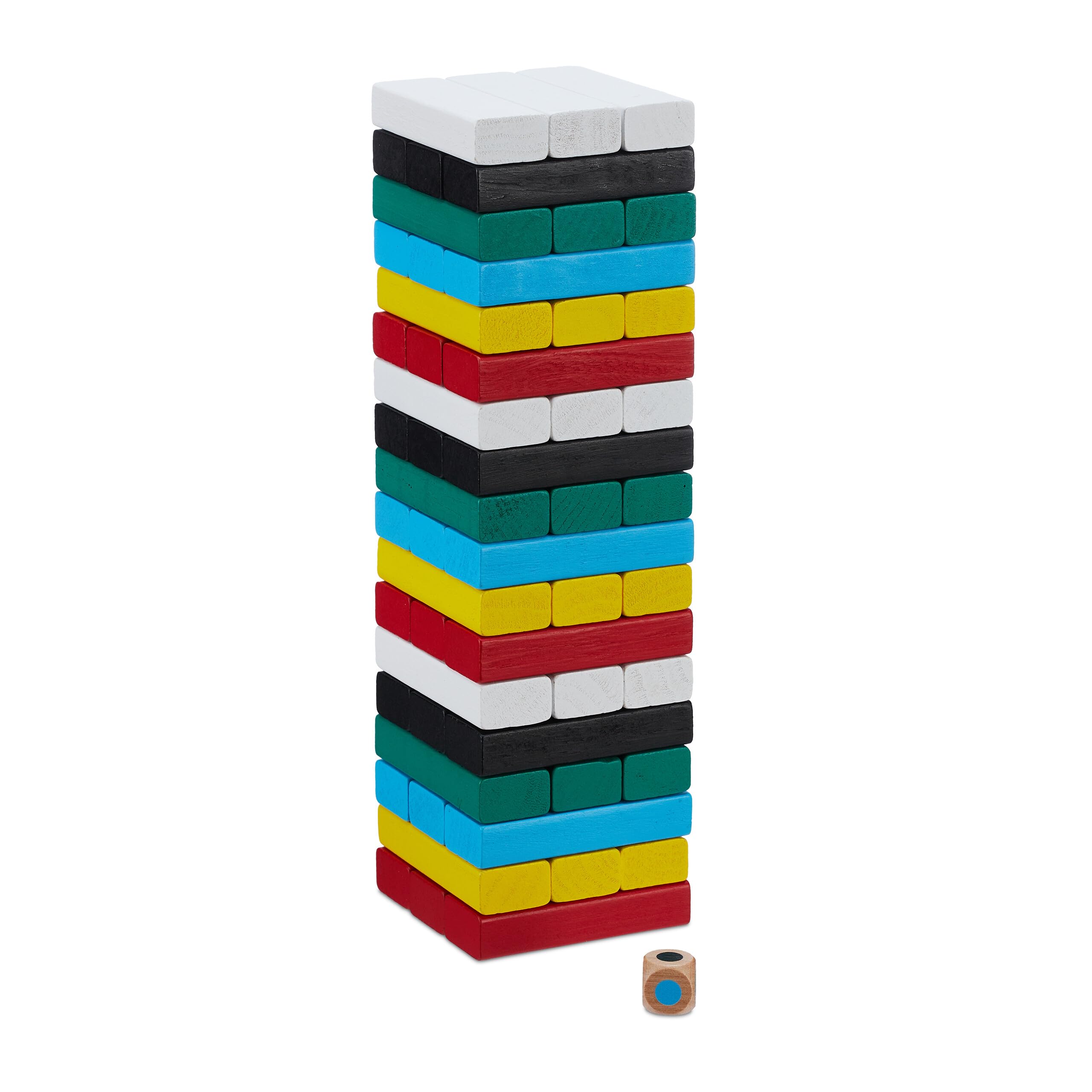 Relaxdays Tumble Tower, Colourful Wood Stacking Game, 54 Blocks, Dice, 26.5 x 7.5 x 7.5 cm, Motor Skills, Multicoloured