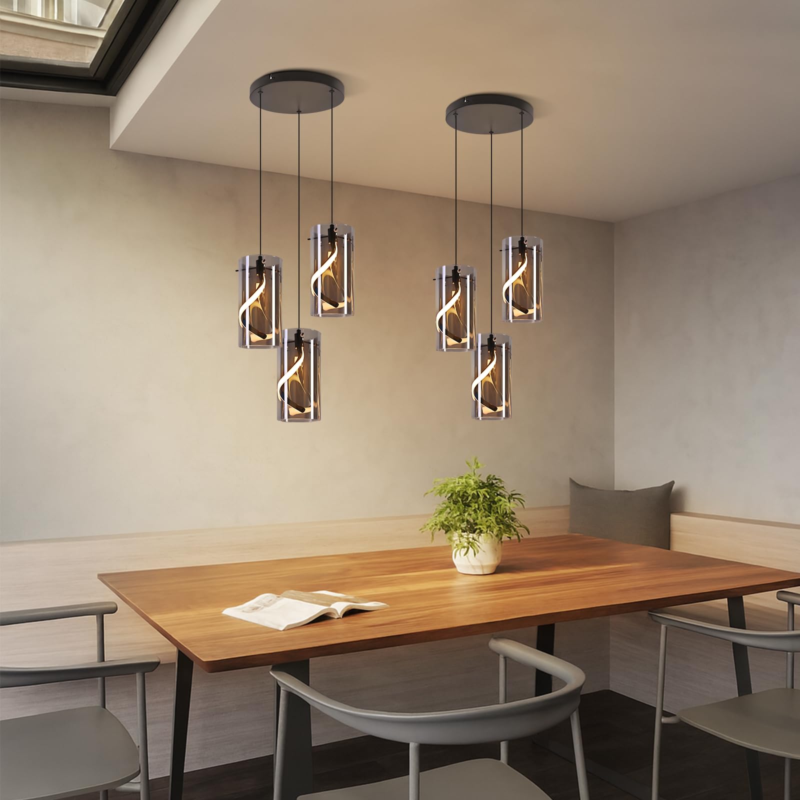LED Hängelampe Esstisch 3-flammig, 33W Hängelampe aus Rauchglas | Höhenverstellbare Pendellampe Vintage Industrial, Warmweiß 3000K, Moderne Esstischlampe für Esszimmer, Küche und Wohnzimmer