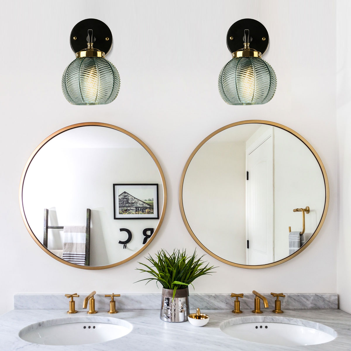Image of Black Gold Bathroom Light Fixture Green 1-Light Bathroom Vanity Lamp