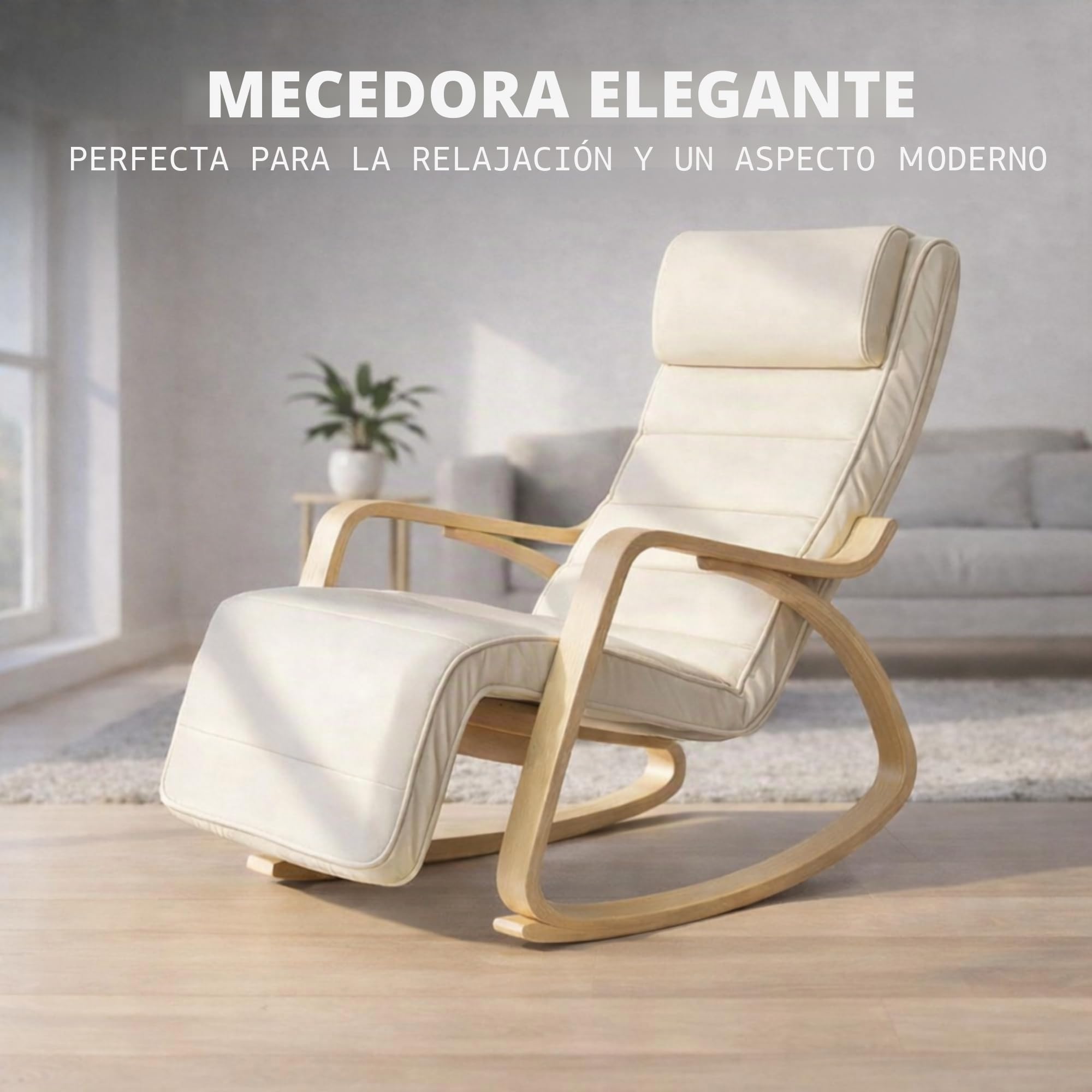 Bayt Sillón Relax Mecedora, Mecedora de Lactancia y Sillón de Lectura, Butaca de Salón Cómoda con Reposapiés, Patas de Madera, Estilo Escandinavo Moderno, Blanco