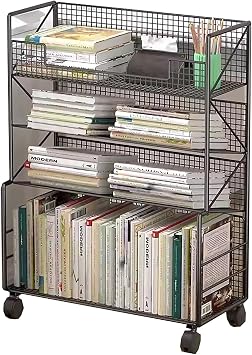 Mobile Bookshelf,Mobile Bookshelf with Wheels, Metal Storage Cart with Wheels 3 Tier Rolling Cart Accessories Movable Bookshelf Cart Metal for Bedroom Living Room Home School, Color Blac