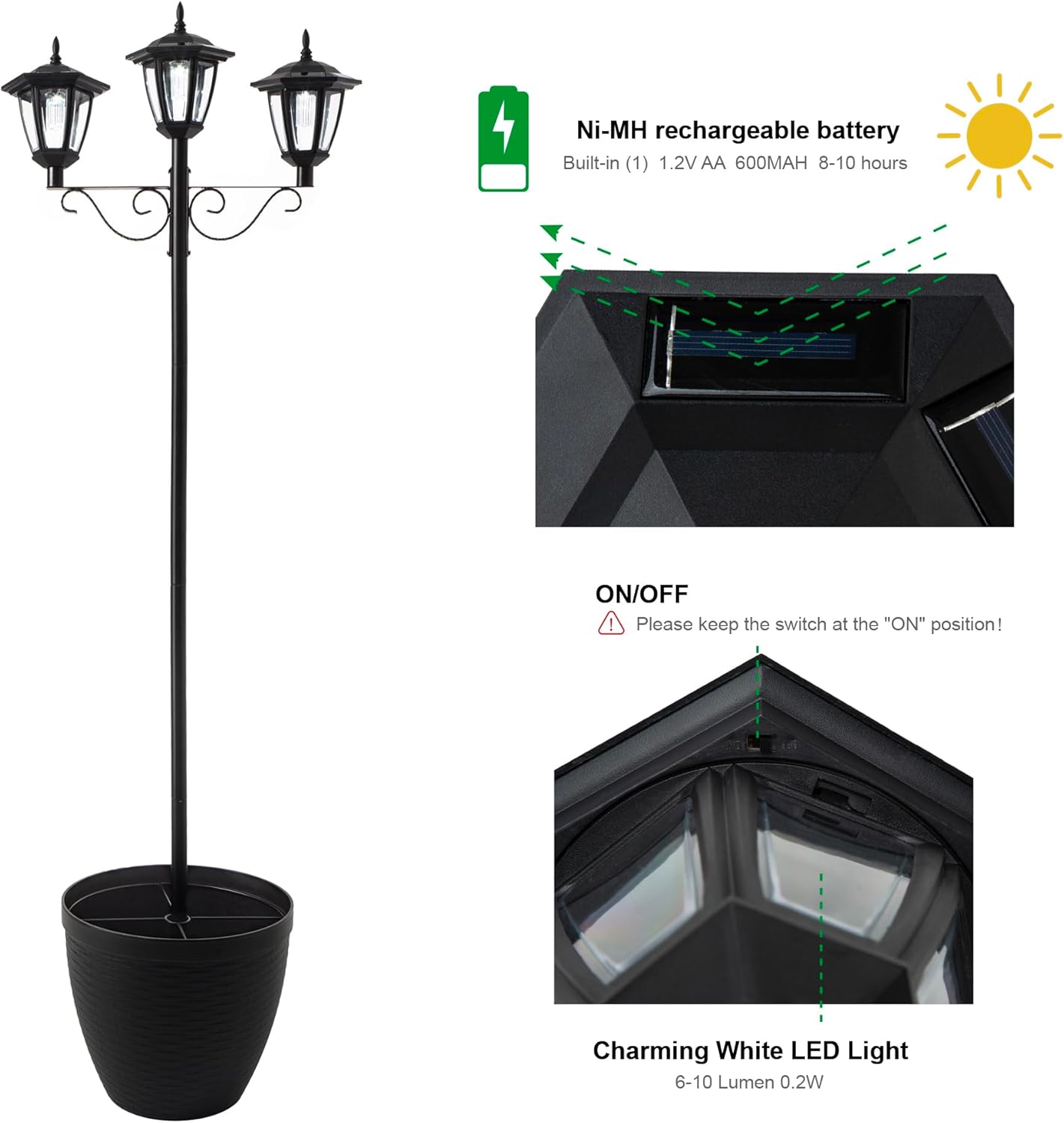 Glitzhome 2Pcs 74” H Outdoor Solar Lamp Post Light Oversized with Planter Pot - 3 Head Street Vintage Garden Solar LED Post Light for Lawn, Pathway, Driveway, Front/Back Door - Warm White