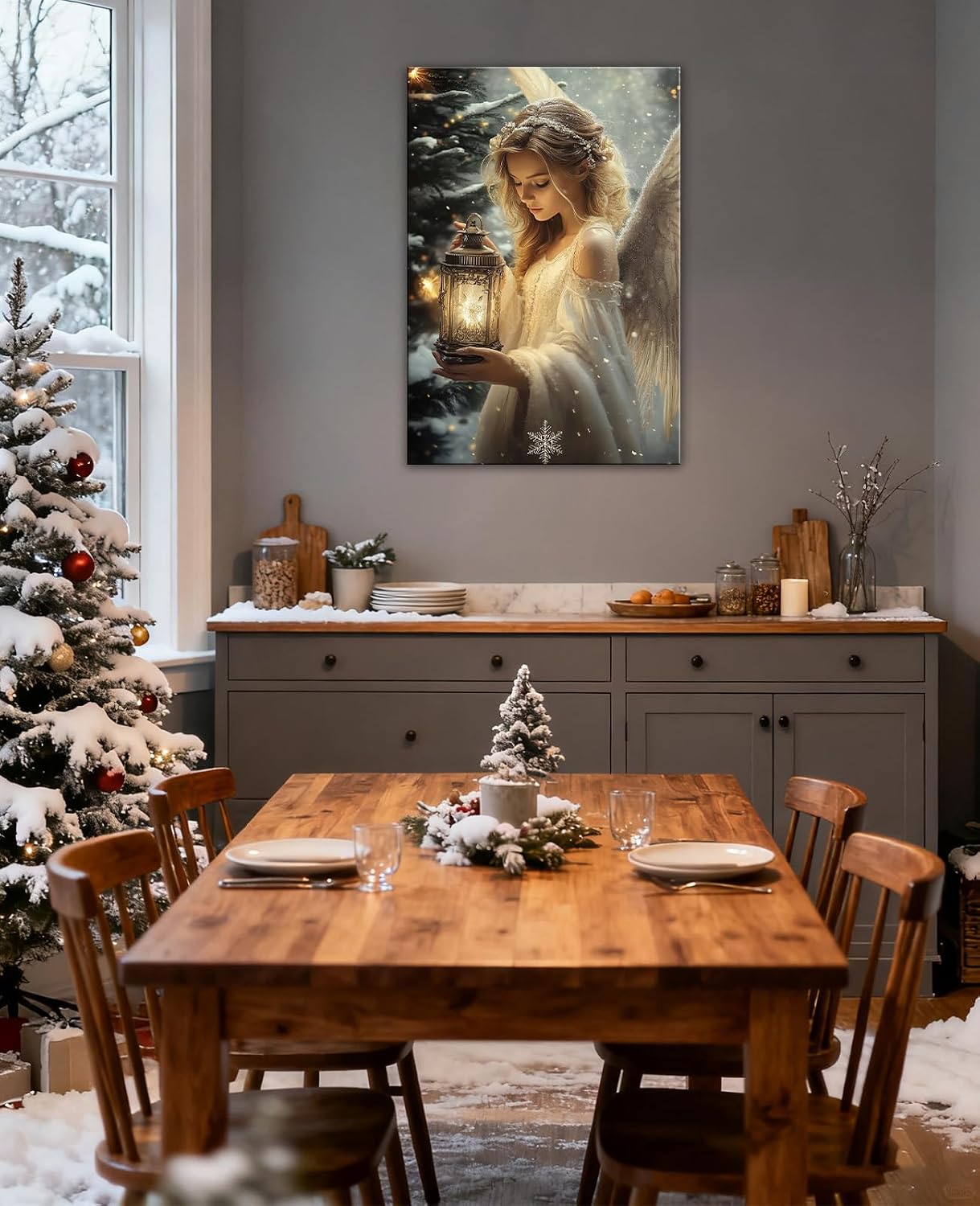 GLOKAKA Angel Canvas Wall Art Christmas Angel with Lantern Picture Wall Decor Winter Snowy Scene Painting Festive Artwork for Living Room Bedroom Home(Artwork-1,16"x24")