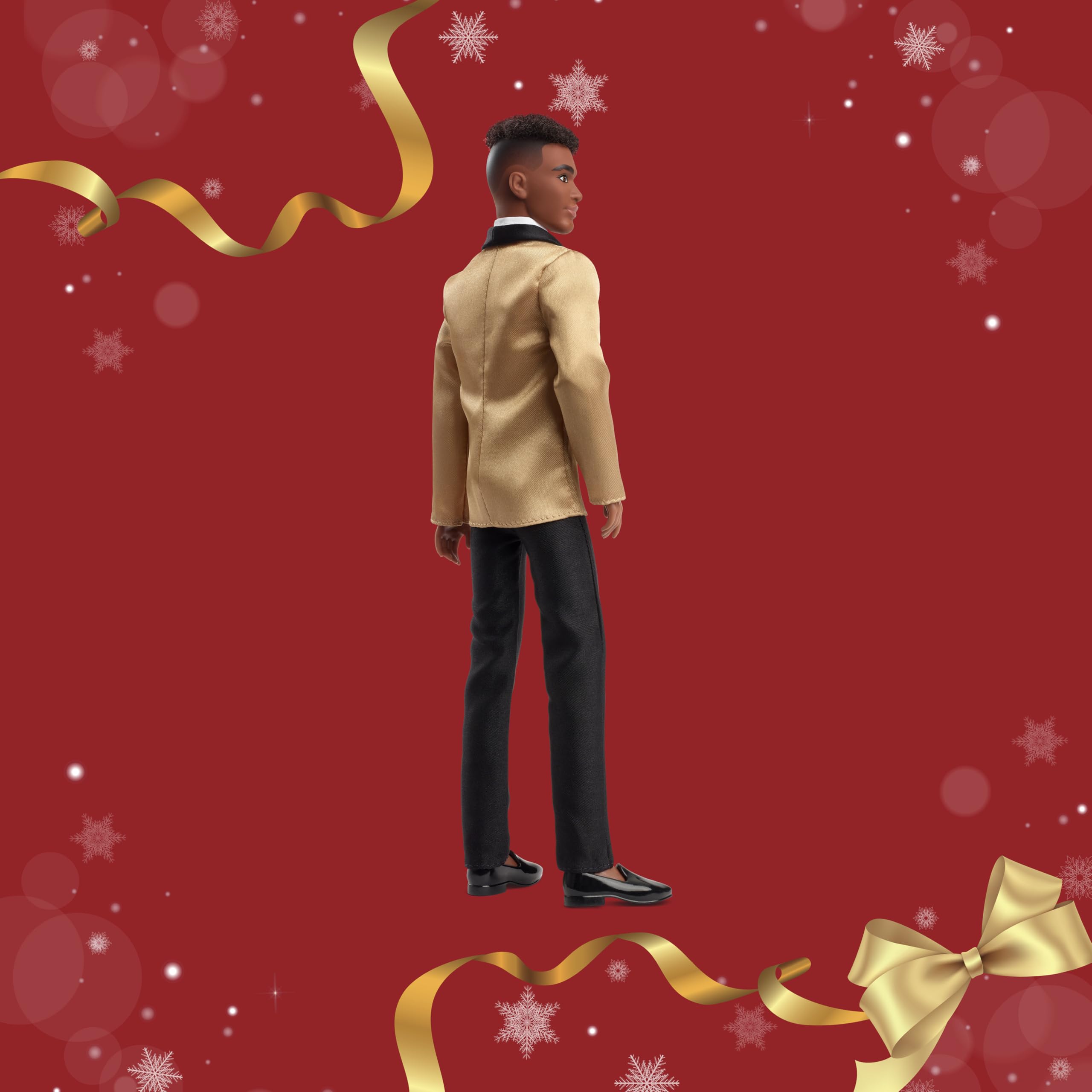 Barbie Signature 2025 Holiday Dark Brown Hair Ken Bambola da collezione alla moda indossa abito completo con giacca dorata in confezione visualizzabile e supporto per bambole