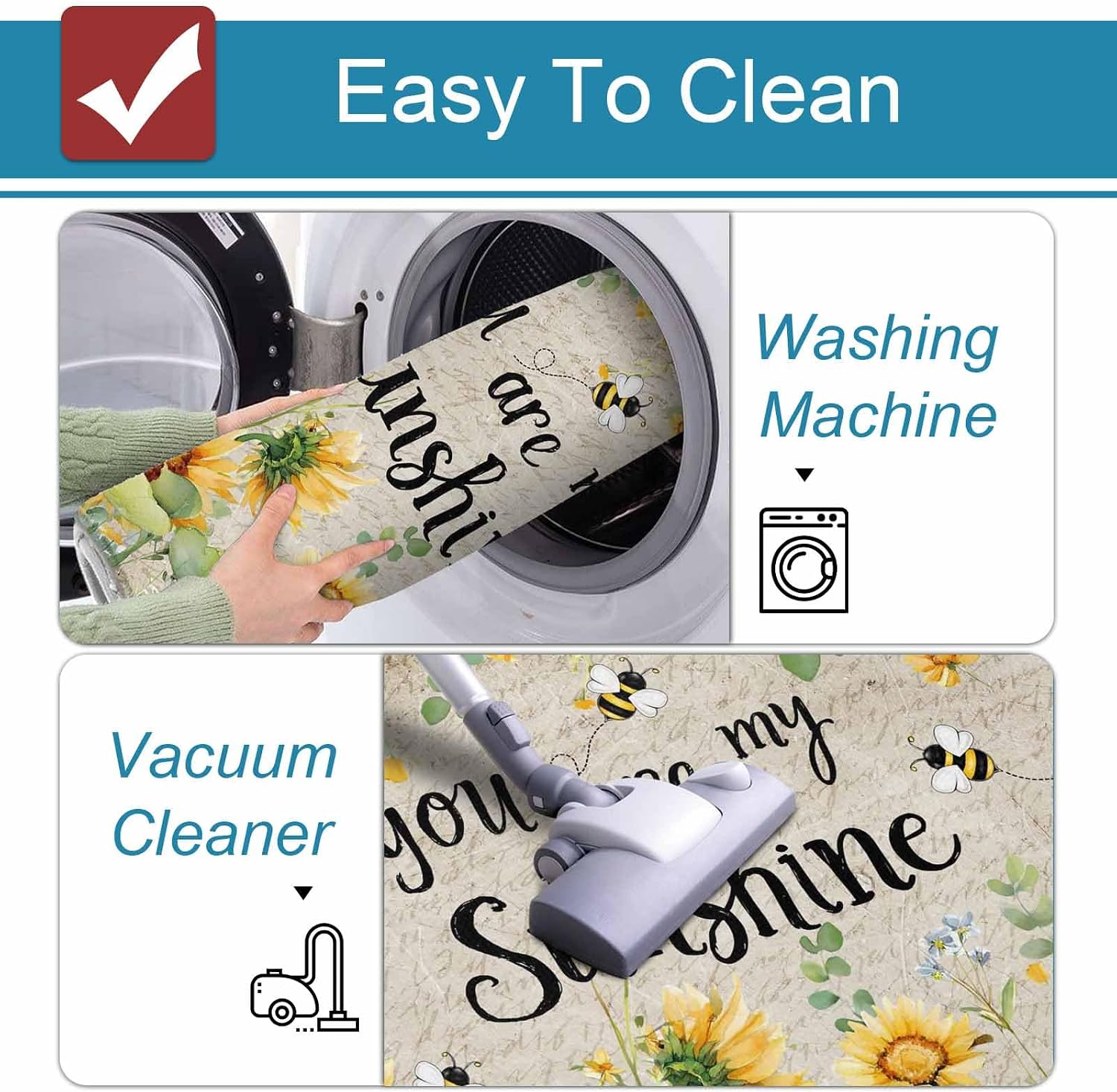 Prime Leader Summer Floral Kitchen Mat Set 2 Pieces Watercolor Sunflower Leaf Bee Linen Texture Non Slip Kitchen Rugs Washable Runner Rug Mats for Sink Laundry (19.7" x 31.5"+19.7" x 47.2")