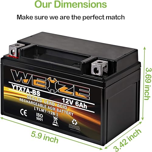 Miniatura 3 de Weize YTX7A-BS - Batería de motocicleta AGM sellada de alto rendimiento, sin mantenimiento, compatible con gas Gy6, ciclomotor de 50 CC 125 CC