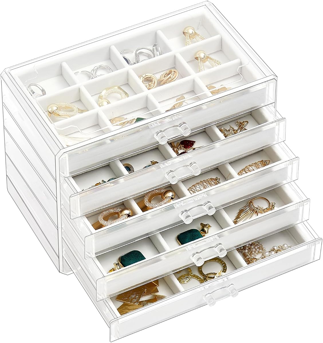 ProCase Joyero organizador con soporte para pendientes y 5 cajones, blanco cálido | Organizadores de joyería transparentes de acrílico, caja de almacenamiento de pendientes con bandejas de terciopelo ajustables, regalos de cumpleaños de Navidad para mujeres y niñas