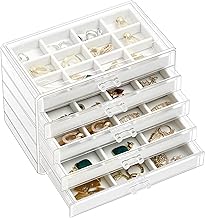 ProCase Acrylic Jewelry Organizer, Clear Jewelry Organizer with 5 Drawers, Earrings, Necklaces, Rings, Home Organizer -Warm White