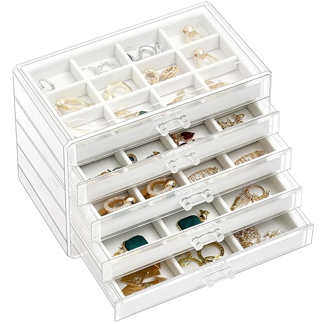 ProCase Earring Holder Organizer Jewelry Box with 5 Drawers Acrylic Clear Earring Case with Adjustable Velvet Trays for