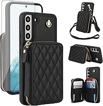 Phone Case for Samsung Galaxy S22 5G Wallet Cell Cover with Tempered Glass Screen Protector Wrist Crossbody Strap Stand RFID Blocking Credit Card Holder Slot S 22 22S 4G G5 6.1 inch Women Girls Black