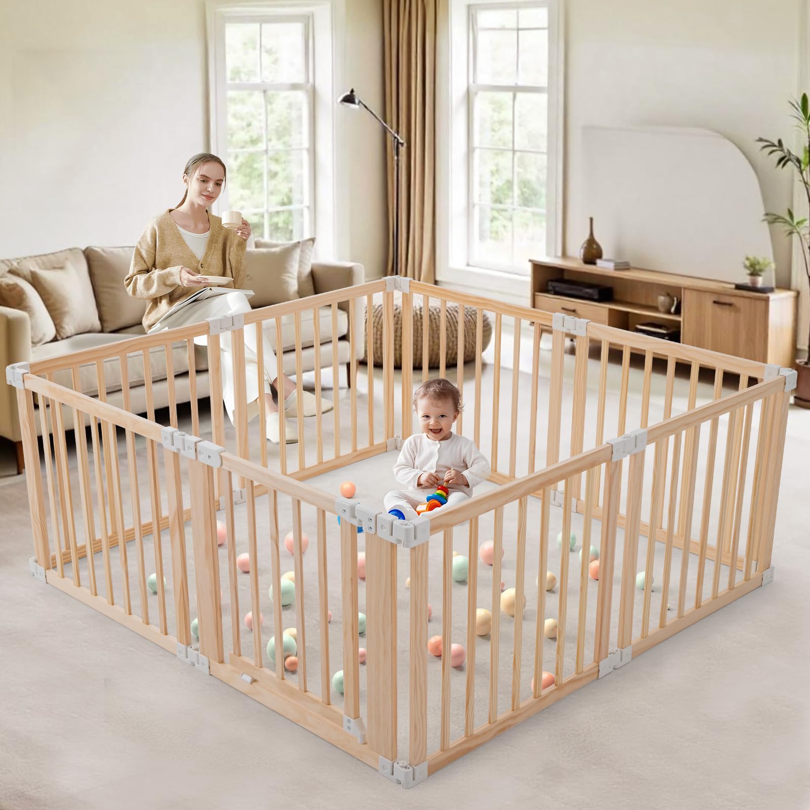 Foldable Wooden Playpen,Large Baby Gate Playpen with Child-Proof Lock-Easy Assembly, Portable Design for Babies & Toddlers- Shape& Size Adjustable Baby Fence Play Area (Wood, 8 Panel)-61