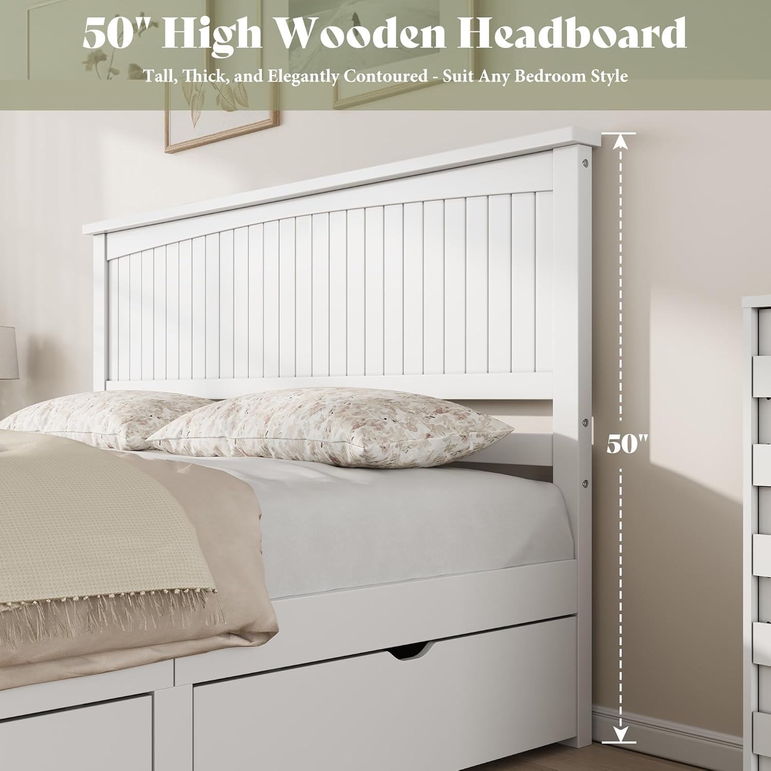 AMERLIFE Solid Wood King Size Storage Bed Frame with Headboard, Platform Bedframe with 2 Storage Drawers, Beadboard Design & Wooden Slats/No Box Spring Needed/Noise-Free, Coastal White Finish