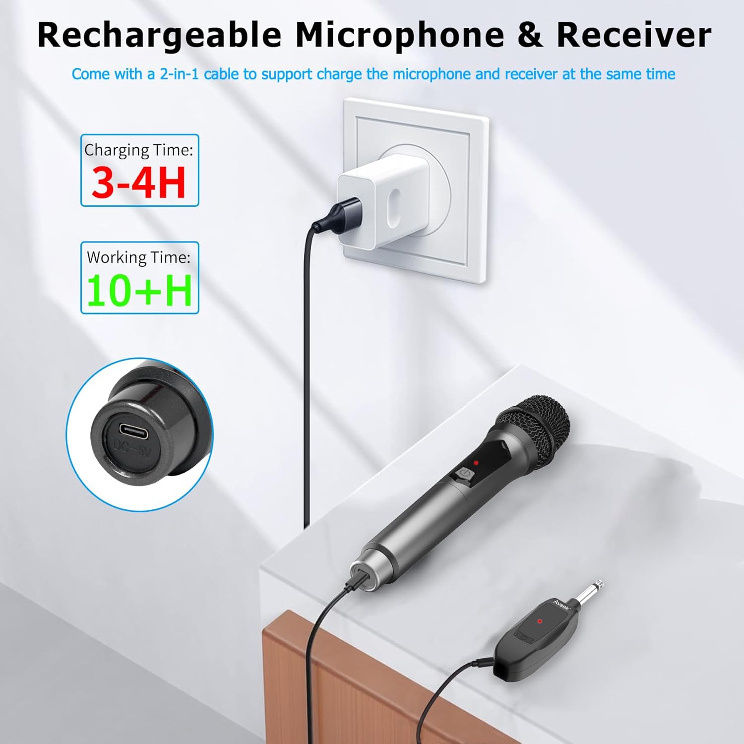 Aveek Wireless Microphone for Karaoke, Rechargeable Karaoke Microphone(Work 10hs), for Speaker, Karaoke Machine,Church, Speech, Wedding, Party Singing, Grey,1 Pack