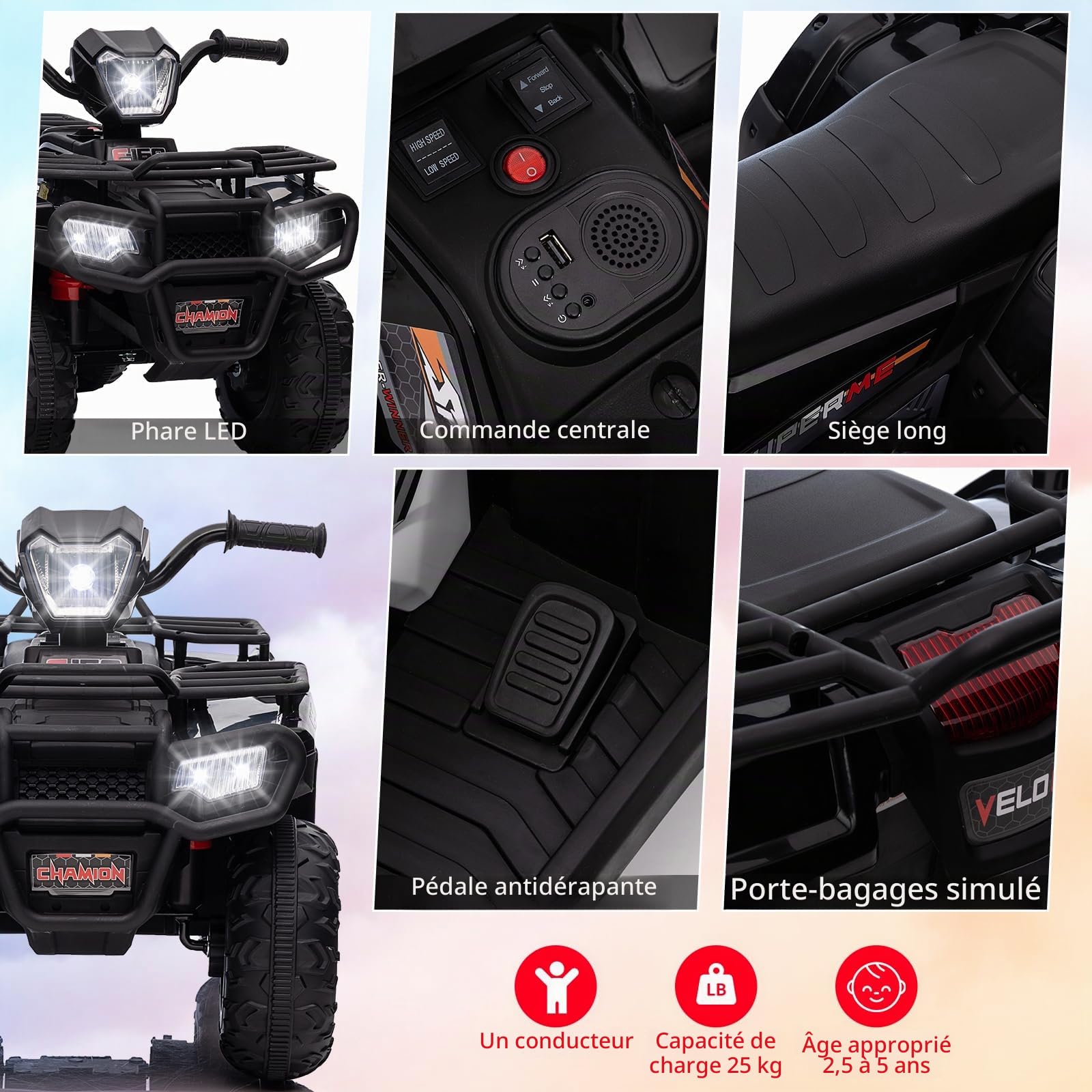 Quad Electrique Enfants 12V 500MA, Voiture Electrique Enfant 4-6 Ans avec Phares LED et Musique, Vitesse de Sécurité 3-6 Km/h pour Enfant, Poignée et Selle Ergonomique, Double Entraînement 30W*2, Noir