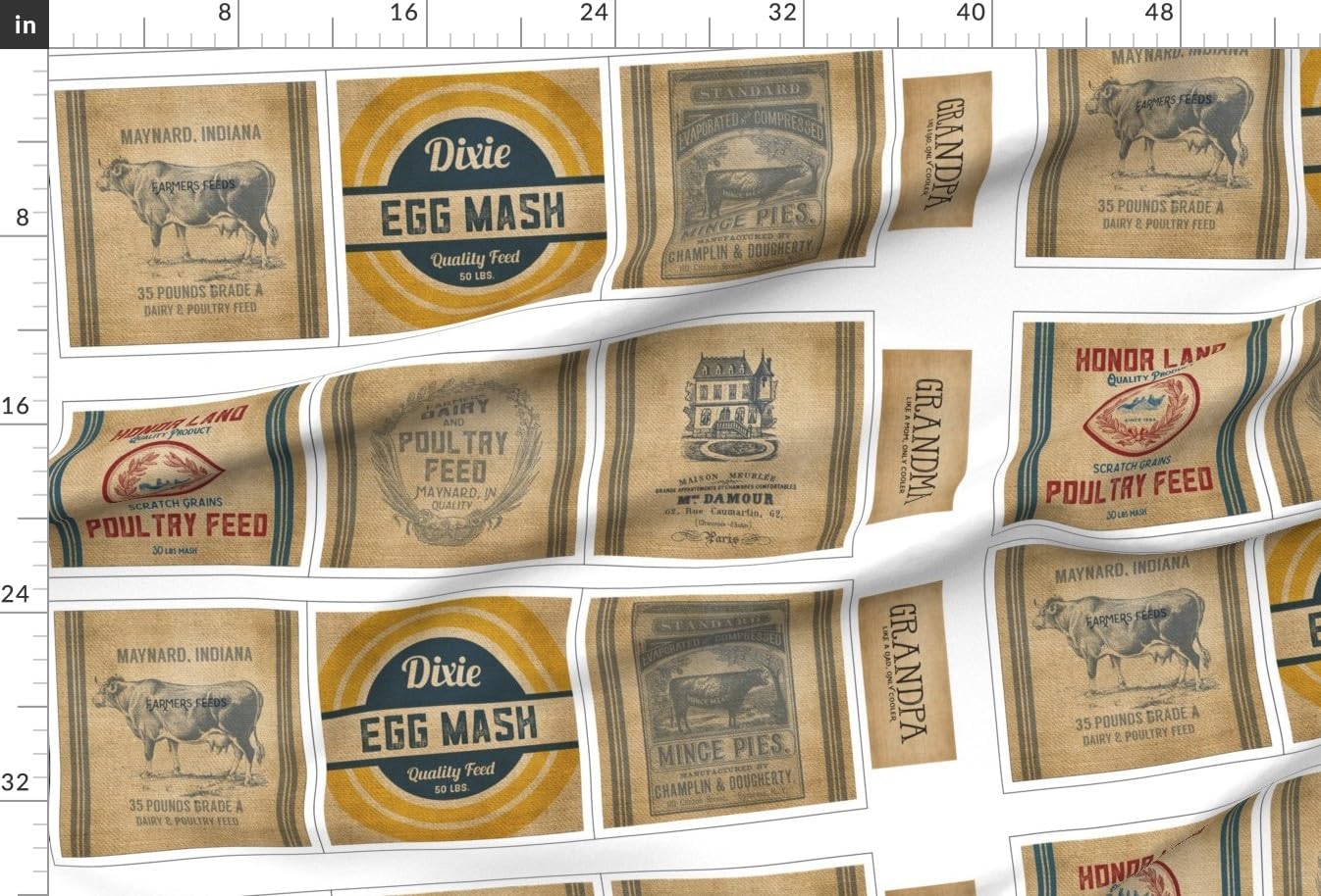 Spoonflower Fabric - Grain Sack Vintage Style Farmhouse Labels Food Label Flour Egg Barn Printed on Organic Cotton Sateen Fabric by The Yard - Sewing Quilting Apparel Home Decor