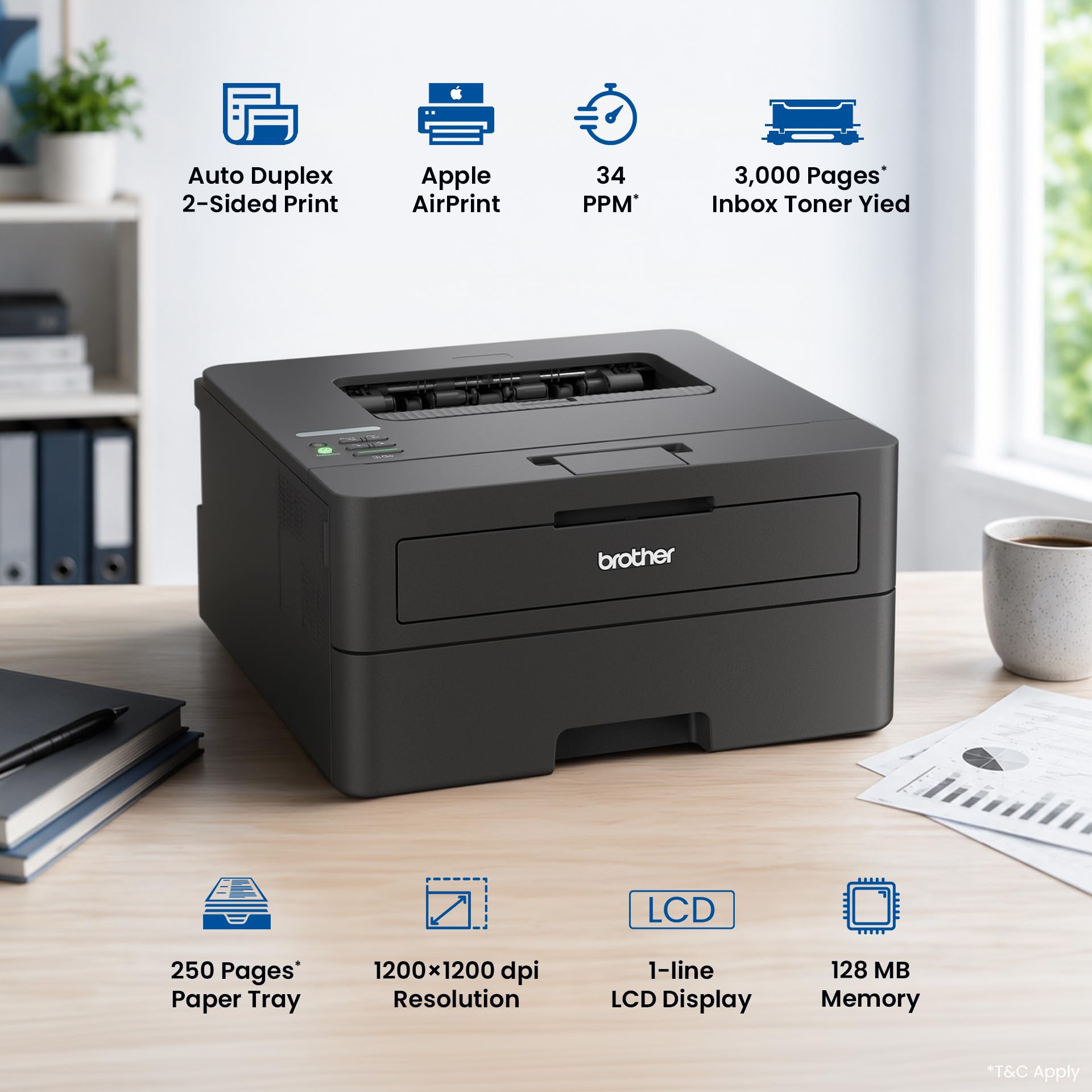 Brother HL-L2460DN Auto-Duplex-Monochrom-Laserdrucker, 34 Seiten/Minute, LCD-Display, 128 MB Speicher, LAN, USB, 250-Blatt-Papierfach, Schwarz