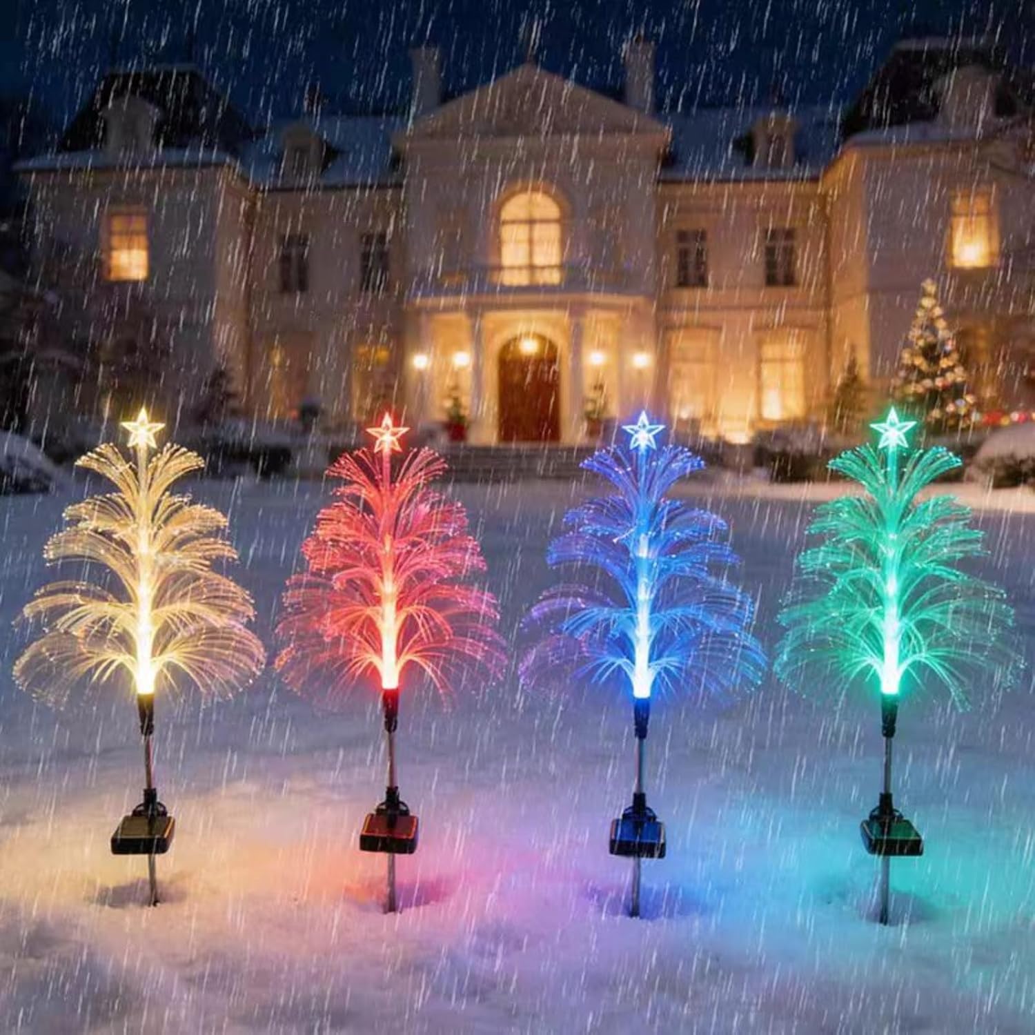 Solar Christmas Tree Lights, 5-Layer Fiber Optic Jellyfish Stake, IP65 Pathway for Garden, Yard, Decor (4 Pack)