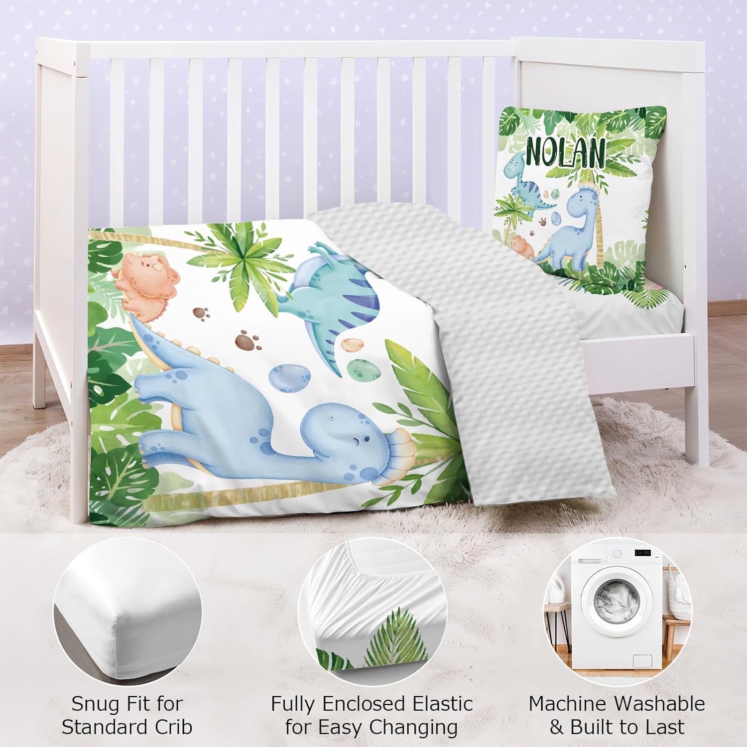 Personalized Baby Crib Bedding Set,3 Piece Custom Name Nursery Set with Blanket, Fitted Sheet & Pillowcase for Baby Girls & Boys, Dino Jungle Theme(Fixed Size)