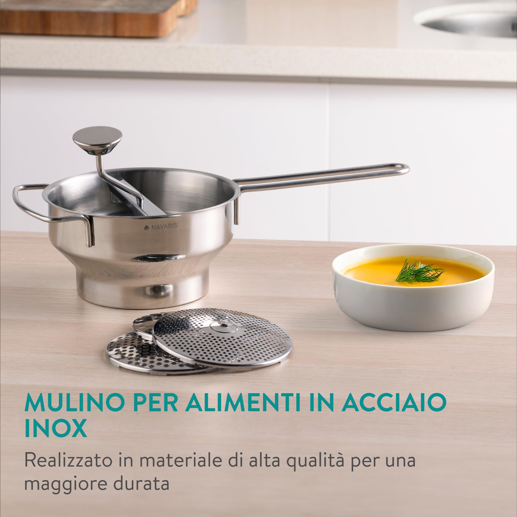 Navaris Passaverdure Manuale in Acciaio Inox Ø 20,5 cm - Passapomodoro Manuale e Passaverdura - Passa Verdure a Mano con 3 Dischi - Passatutto per Frutta Purè Salse Zuppe Vellutate