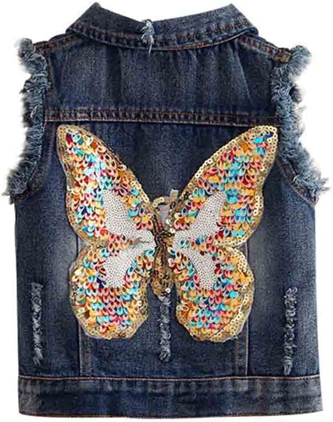 Mud Kingdom Denim Vest for Little Girls Button-Down Sleeveless Outerwear Lapel Retro Ripped