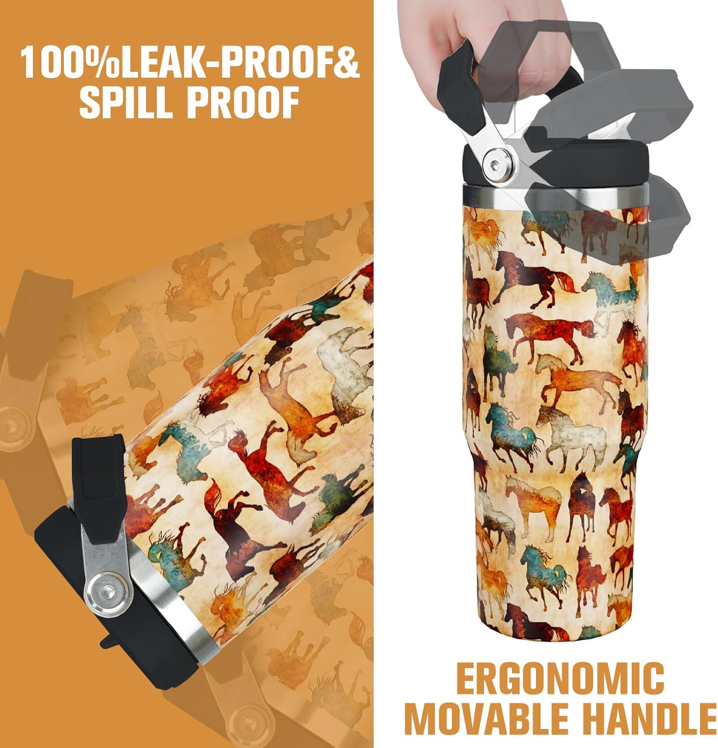 30 oz Horse Tumbler With Handle and Straw, 30oz Flip Straw Tumbler Insulated Coffee Travel Mugs Cup Water Bottle Gifts for Horse Lovers Women Girls - Image 2