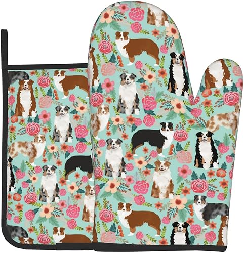 Lindos guantes de horno y soportes para ollas con estampado floral de pastor australiano, guantes de horno reutilizables antideslizantes resistentes disponible en Yaxa Costa Rica