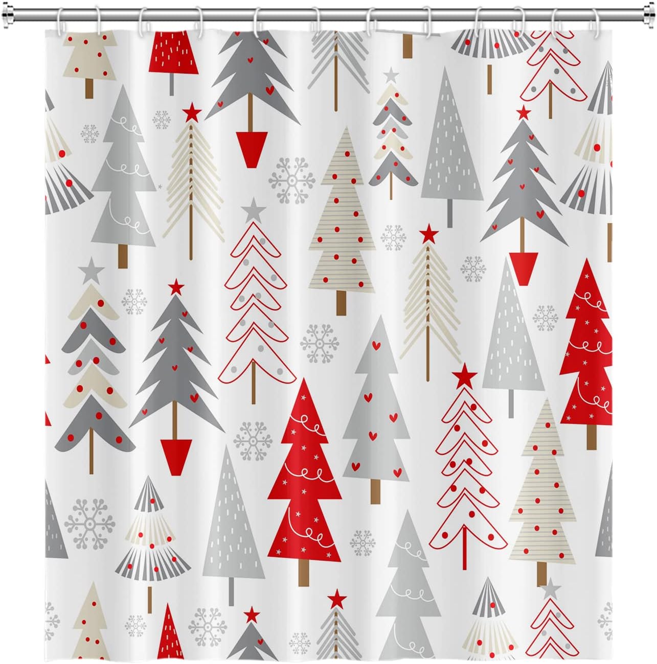 Christmas Tree Bathroom Shower Curtain Grey Pines Pattern Snowflakes Shower Curtain with Hooks Polyester Waterproof Fabric Xmas New Year Shower Curtain Decorative, 72x78 Inch