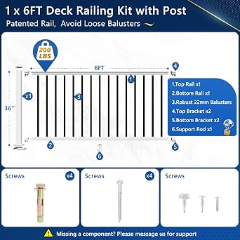 W.6ft x H.36in Modular Aluminum Deck Railing Kits with White Post