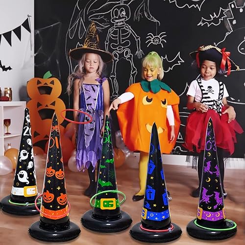 Miniatura 5 de Poptrend Juego de 5 piezas de sombrero de bruja inflable de Halloween con bomba de aire, juegos de juguetes para niños y adultos, decoraciones