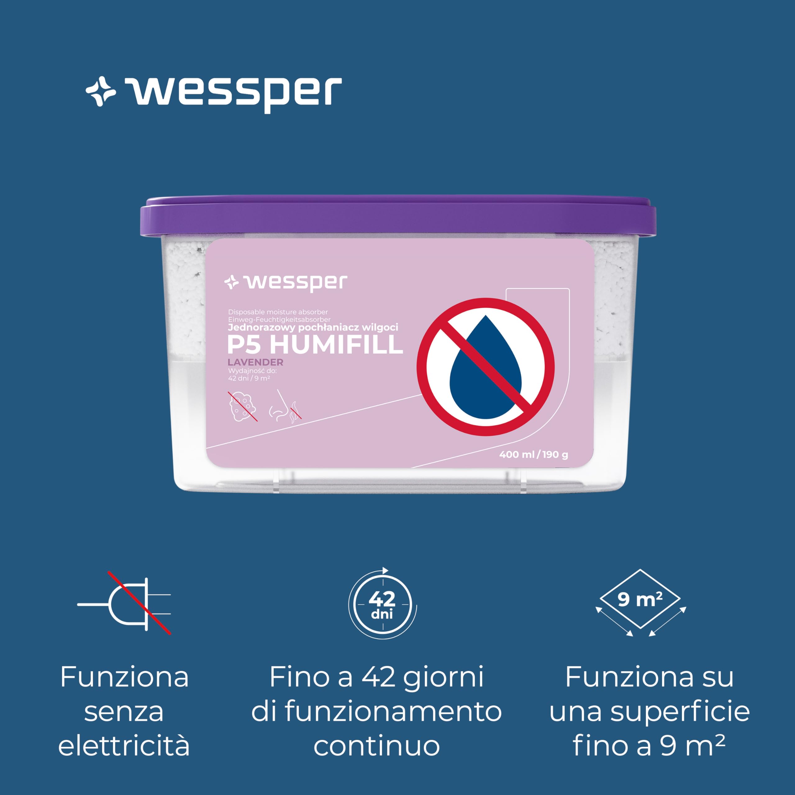Wessper Deumidificatore, Assorbi Umidità Monouso da 400 ml, Lavenda, Elimina Efficacemente Umidità, Muffa e Funghi, Deumidificatori con Cloruro di Calcio - 5 Pezzas