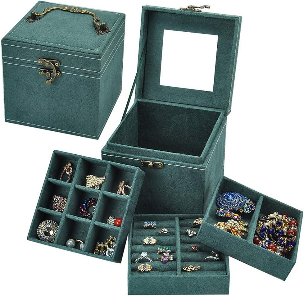 without brand 3-layer New jewelry storage box flannel jewelry storage box creative earrings earrings ring retro jewelry box (green)