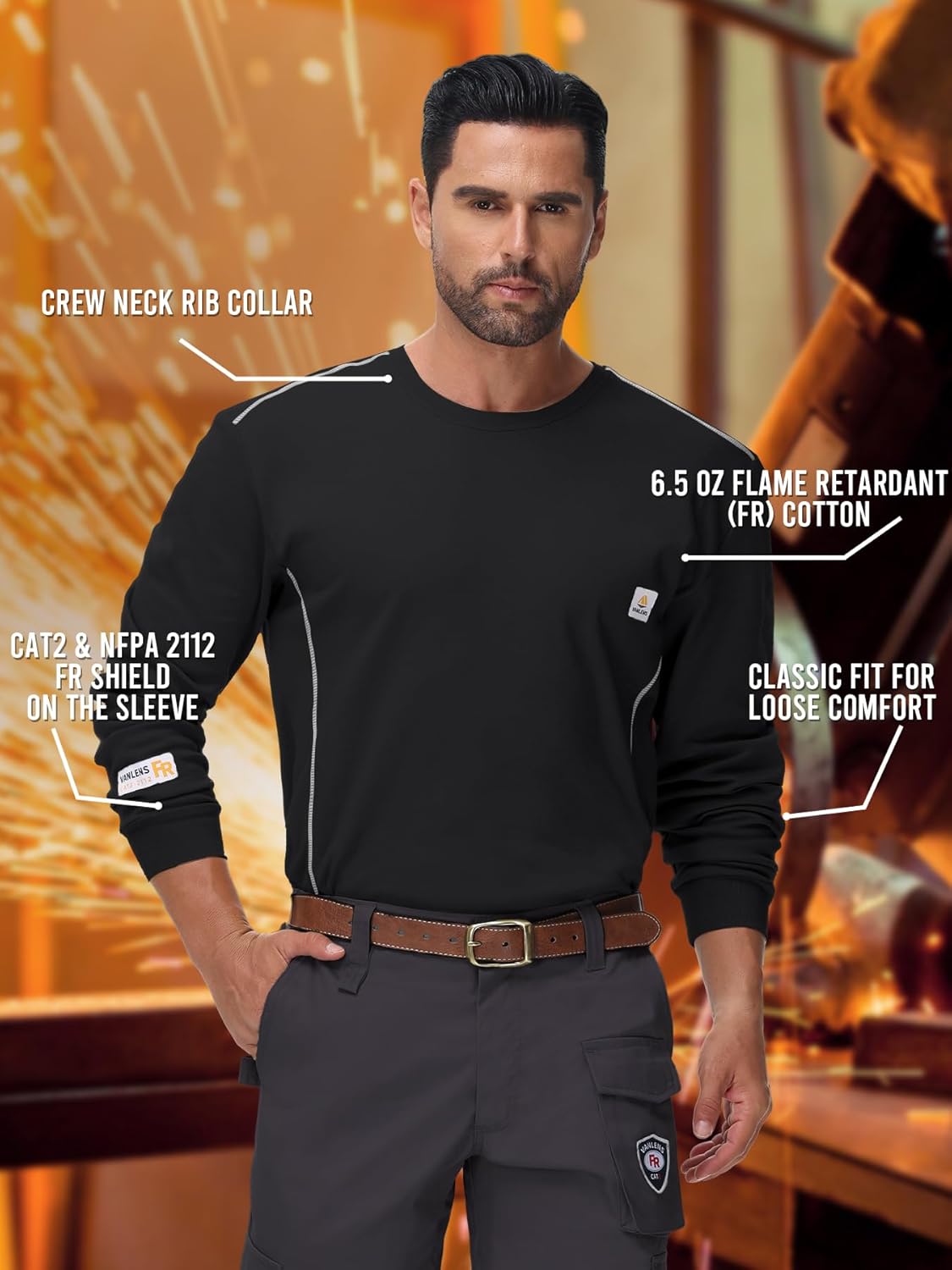 FR Shirts for Men CAT2/HRC2 6.5oz Lightweight Fire Resistant Shirts for Men Long Sleeve Crewneck T-Shirt - Image 3