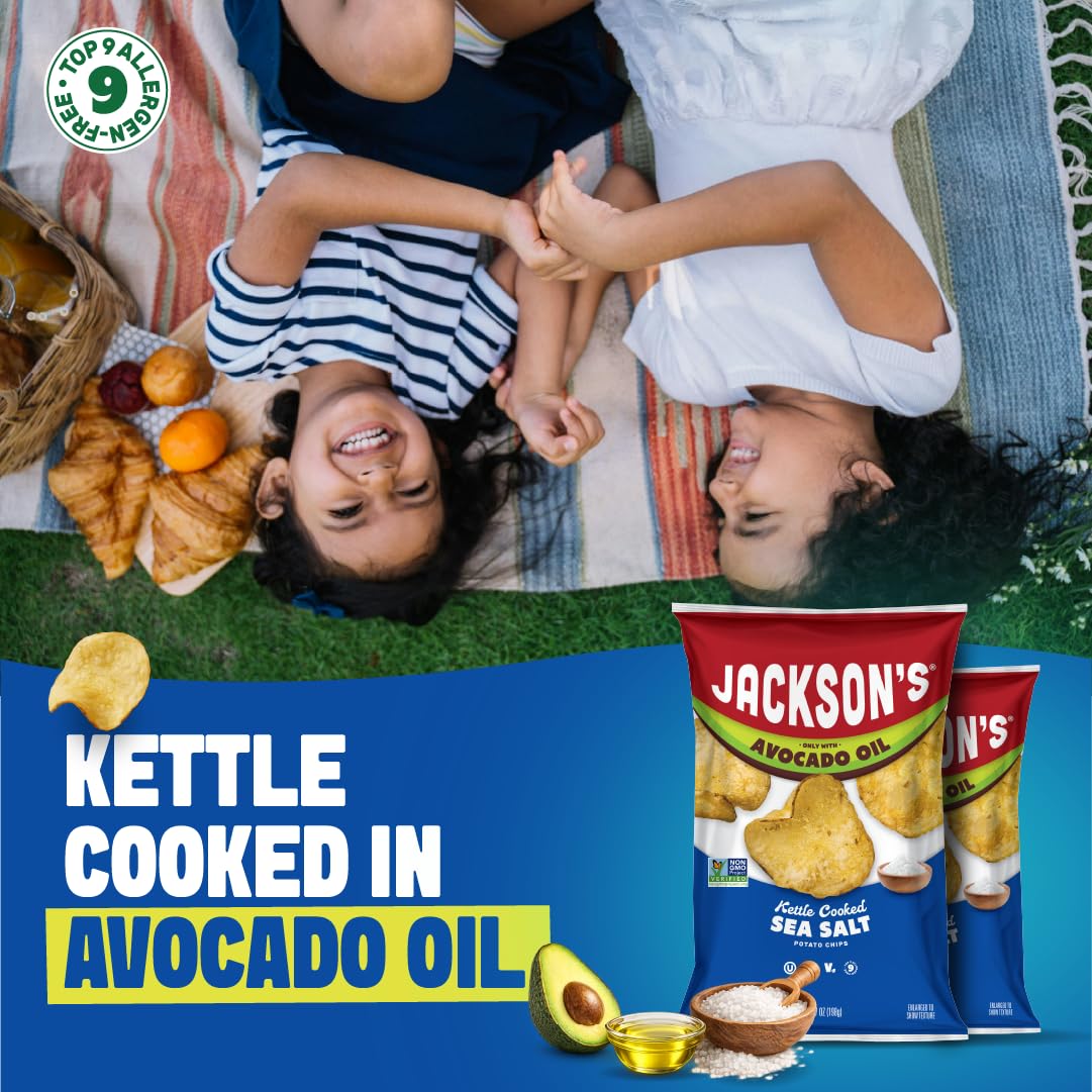 Jackson’s Potato Classic Kettle Chips with Sea Salt (7oz, Pack of 6) - Made with Avocado Oil - Allergen-friendly, Gluten Free, Peanut Free, Vegan, Kosher - Shark Tank Product