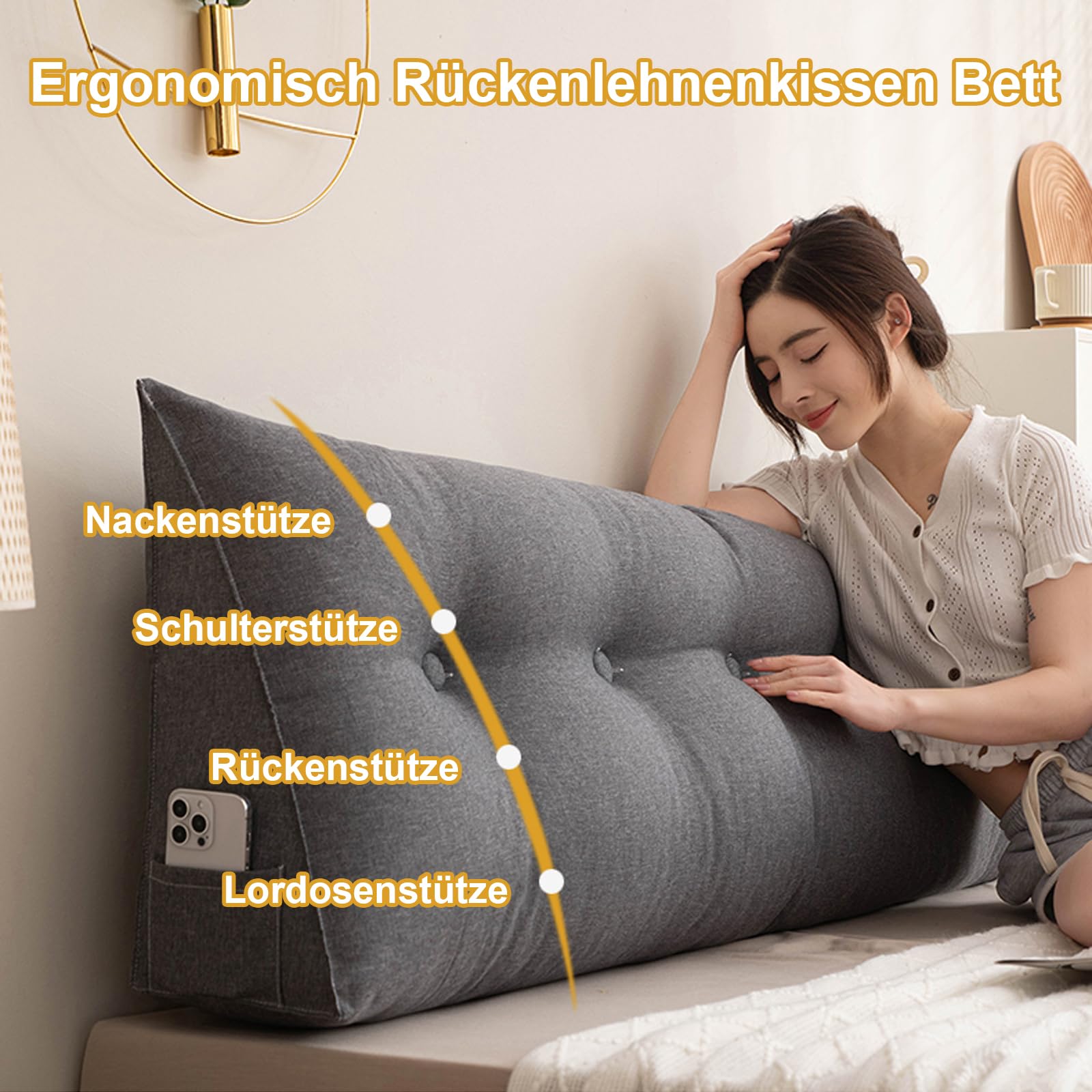 Cuscino di supporto lombare ergonomico in lino, rimovibile, lavabile, cuscino a cuneo per collo, spalle, sollievo lombare, ideale per lettura e TV, grigio scuro, 200 cm