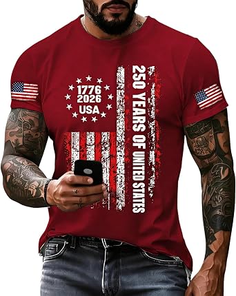 250 Anniversary USA Shirt for Men Crewneck Pullover Tops Mens Short Sleeve Retro T-Shirt 1776-2026 America 250 Merchandise-2XL Red-a