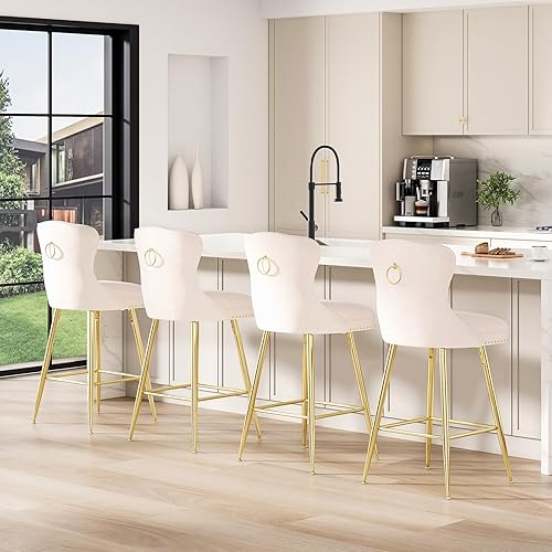 Miniatura 6 de Farini Juego de 4 taburetes de bar, de terciopelo con patas de metal, botones copetudos y ribete de cabezas de clavos, sillas de bar con respaldo